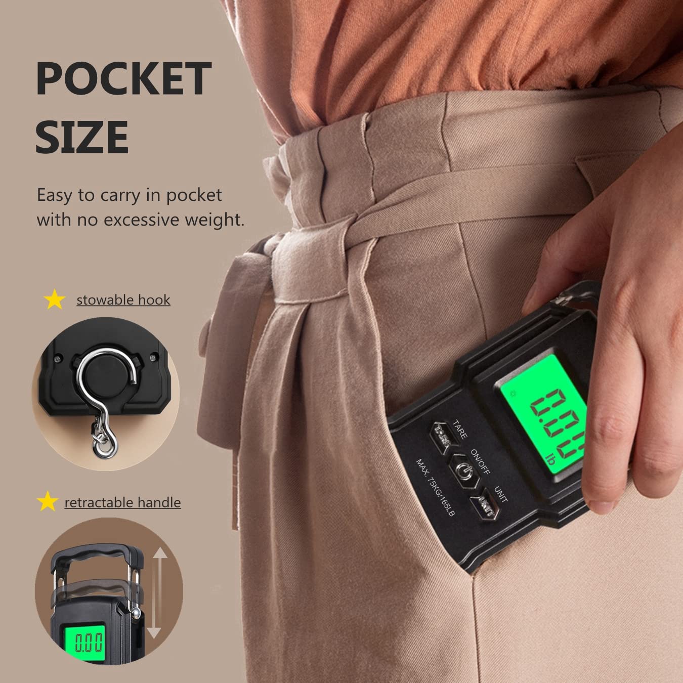**Digital Luggage Scale with Hook - 165lb/75kg Portable Handheld Suitcase Weigher & Fish Scale - Includes Measuring Tape for Travel, Fishing, Hunting, Camping & Outdoor Adventures**