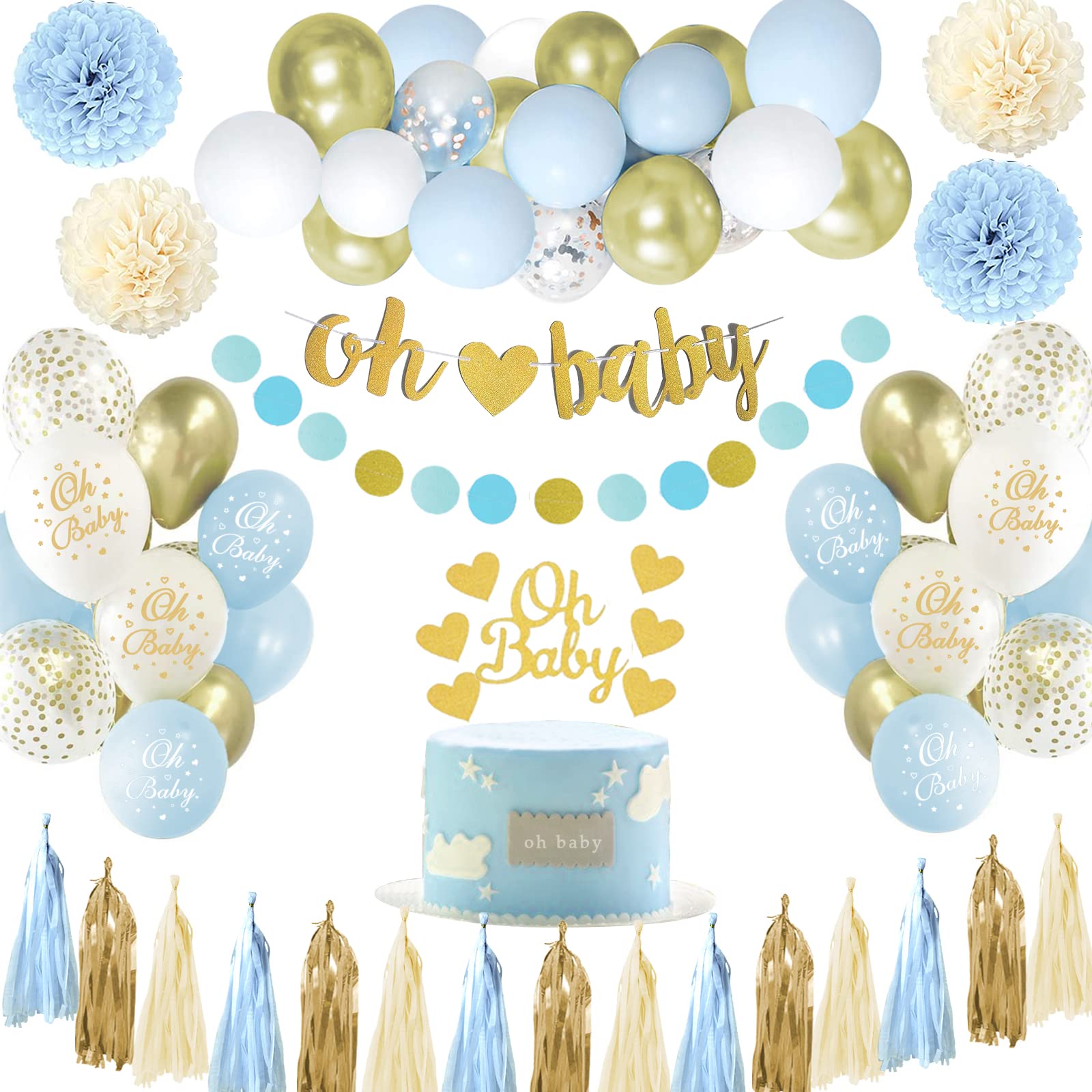 Blue & White Baby Shower Decorations for Boys - Balloon Garland, Oh Baby Sign & Party Supplies | Gender Reveal, Nursery Decor & First Birthday Celebration