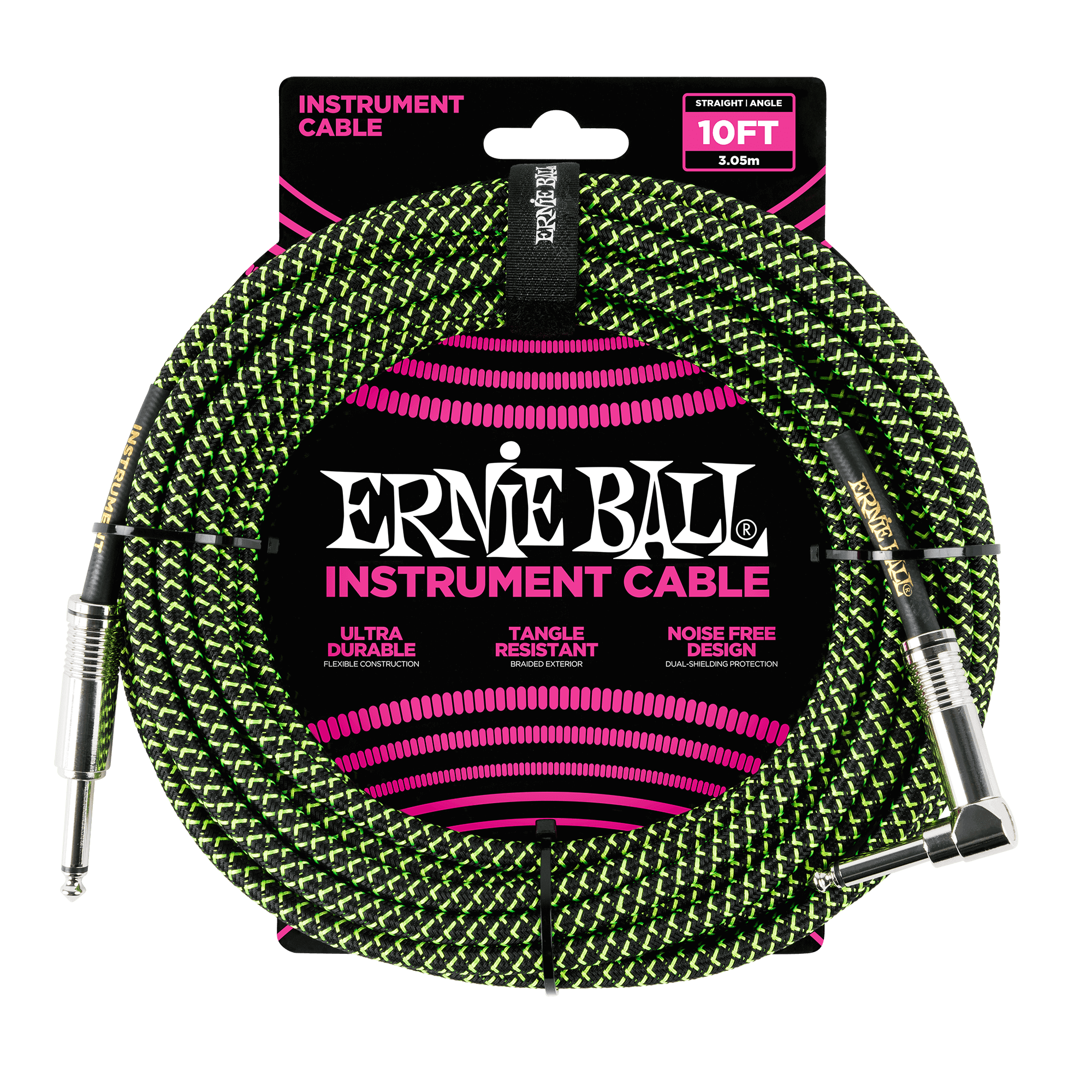 Ernie Ball 10-Foot Braided Straight/Angle Instrument Cable - Black/Green - Durable Guitar & Bass Cable for Live Performances & Studio Recording