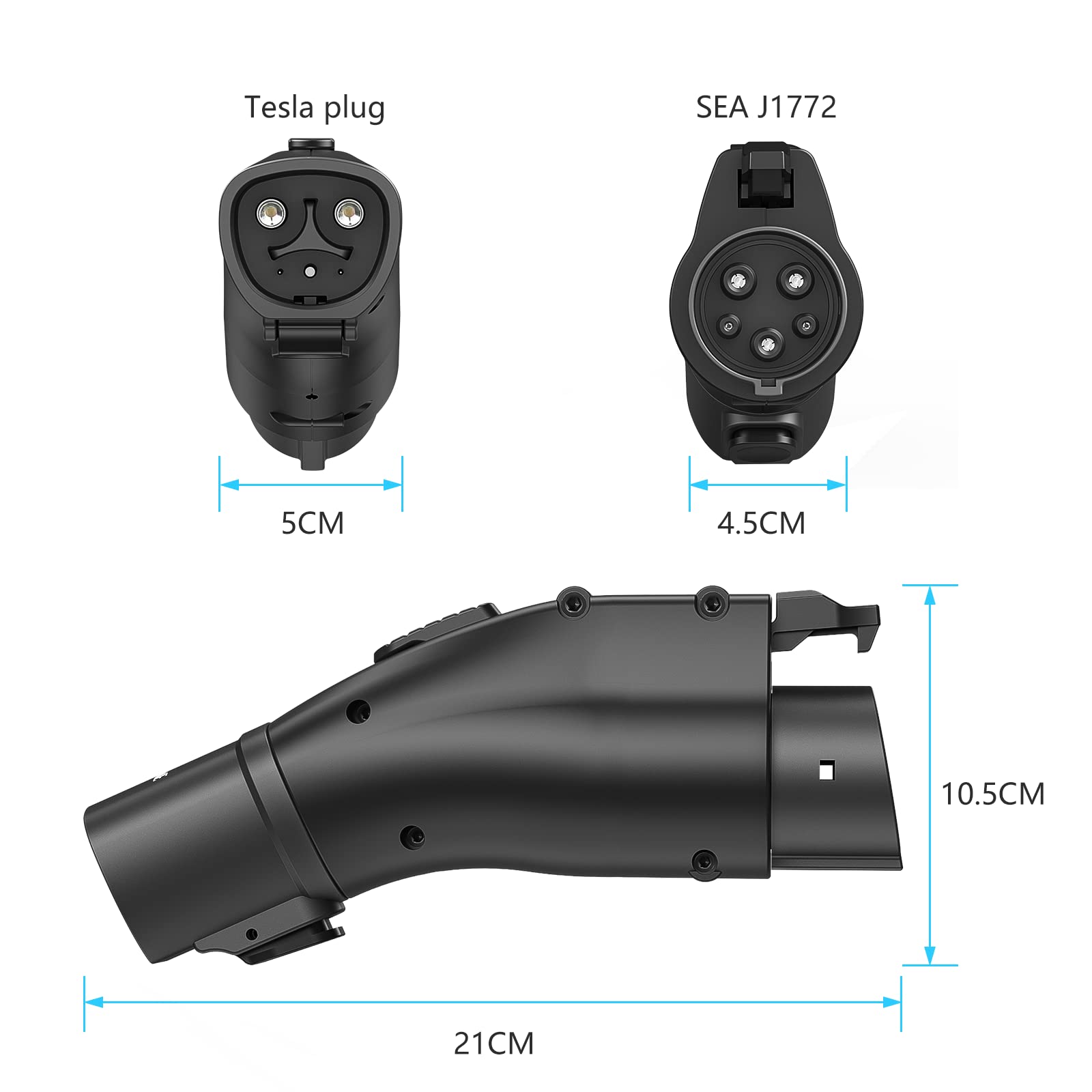 Tesla to J1772 EV Charging Adapter - 60 Amp & 250V AC Converter with Anti-Drop Lock - Compatible with All EVs, Destination Chargers, Wall Connectors & Mobile Connectors - Portable Black Adapter (CD-01) - Perfect for Home, Office & Travel Charging