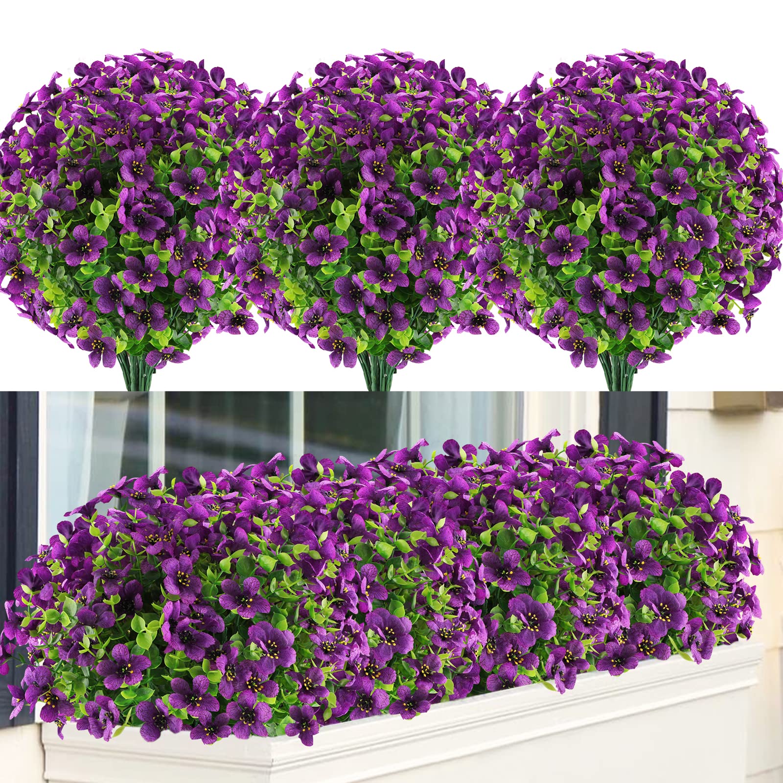 GREENRAIN 18 Bundles UV Resistant Artificial Flowers - Faux Plastic Outdoor Plants for Garden, Window Box, Porch & Home Decor (Purple) | Perfect for Patio, Wedding, Office & Indoor Decor