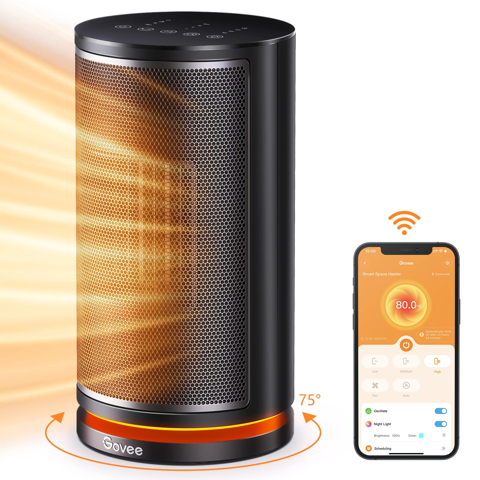Govee Smart Space Heater for Indoor Use - 1500W Portable Ceramic Heater with 75° Oscillation, WiFi App & Voice Control, Auto Thermostat, 24H Timer, Overheat & Tip-Over Protection - Perfect for Office, Bedroom & Home Use