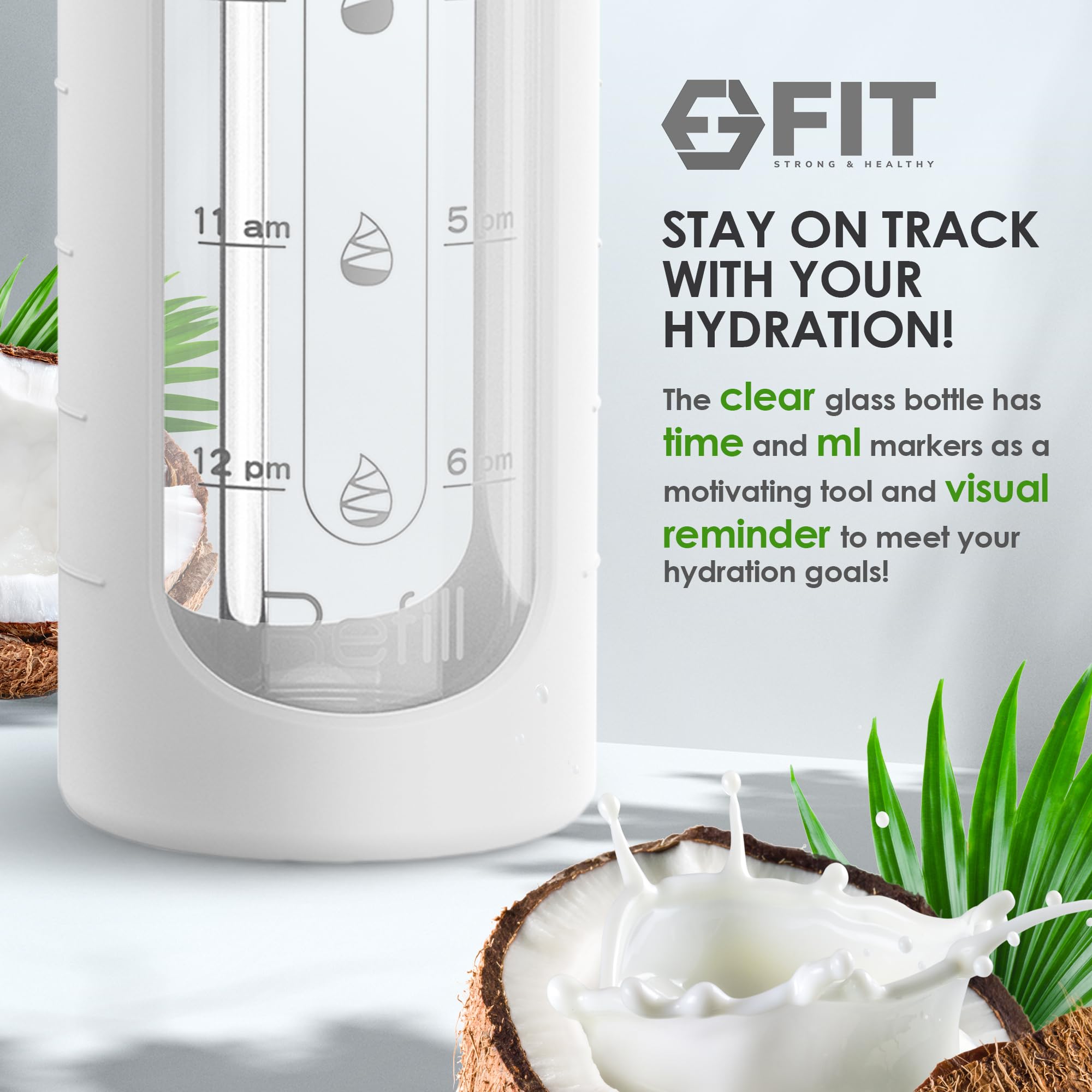 FIT Glass Water Bottle 32oz - Leakproof, Reusable with Time Marker for Gym & Office