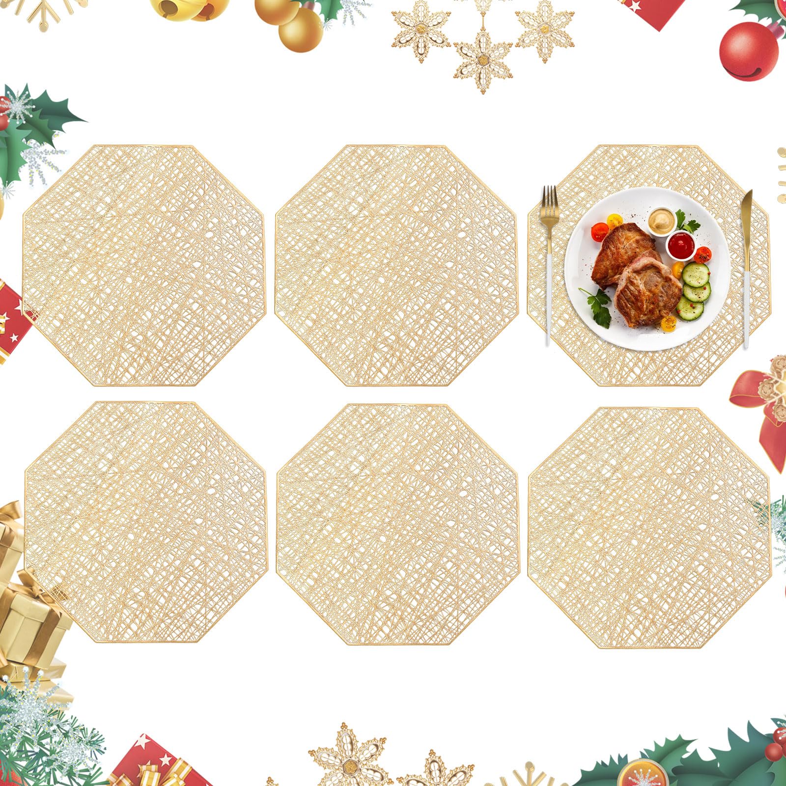 Homcomoda Octagonal Non-Slip Placemats Set of 6 - Gold Dining Table Mats for Everyday Meals & Dinner Parties