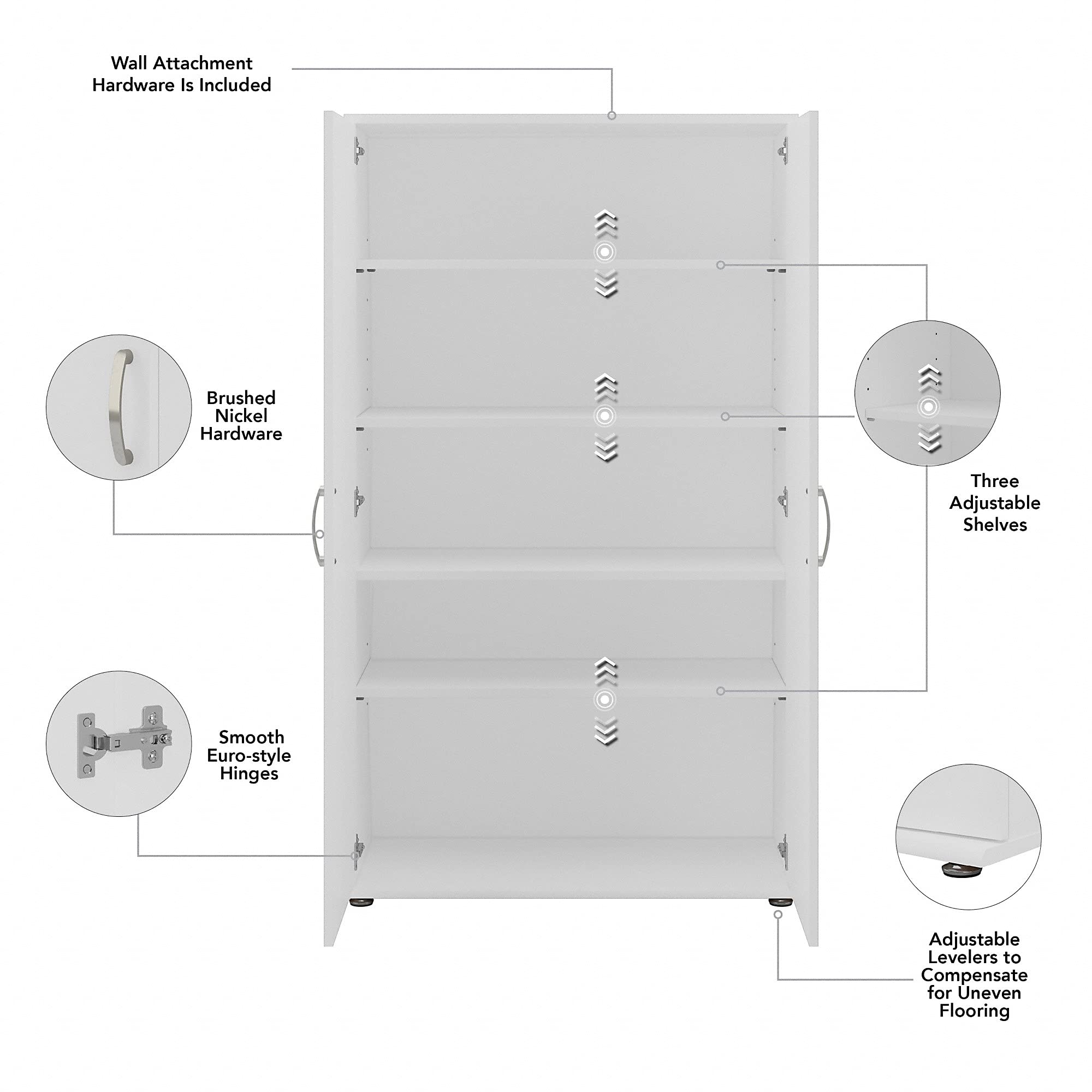 Bush Business Furniture Universal Tall Storage Cabinet with Doors & Adjustable Shelves - White - Perfect for Office, Home, or Classroom Organization