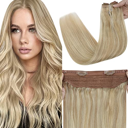 Fshine Invisible Wire Hair Extensions - 18 Inch 80g Real Human Remy Hair in 16 Golden Blonde & 22 Blonde Highlights - Transparent Fish Line for Natural Look | Perfect for Weddings, Parties & Daily Styling