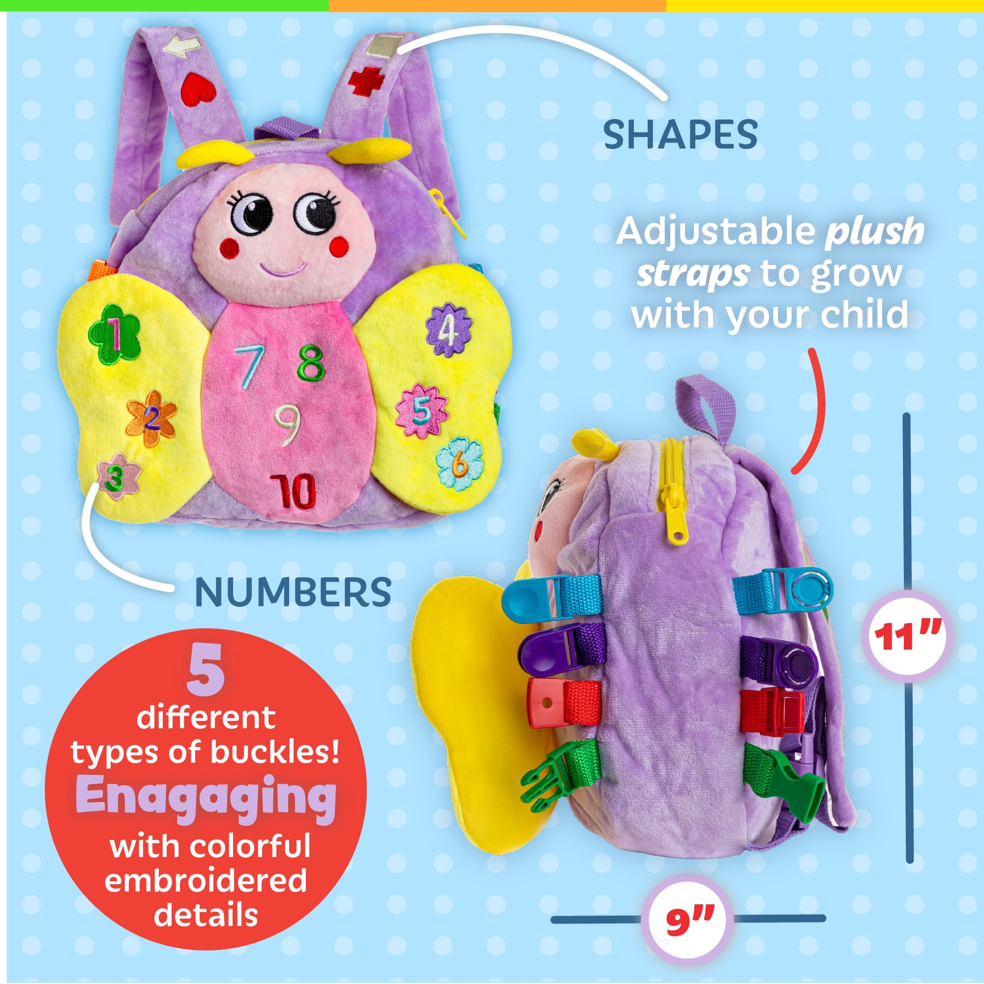 Buckle Toys - Blossom Butterfly & Bella Square Sensory Toys for Toddlers | Pink & Purple Bundle | Fine Motor Skills Development & Travel Play