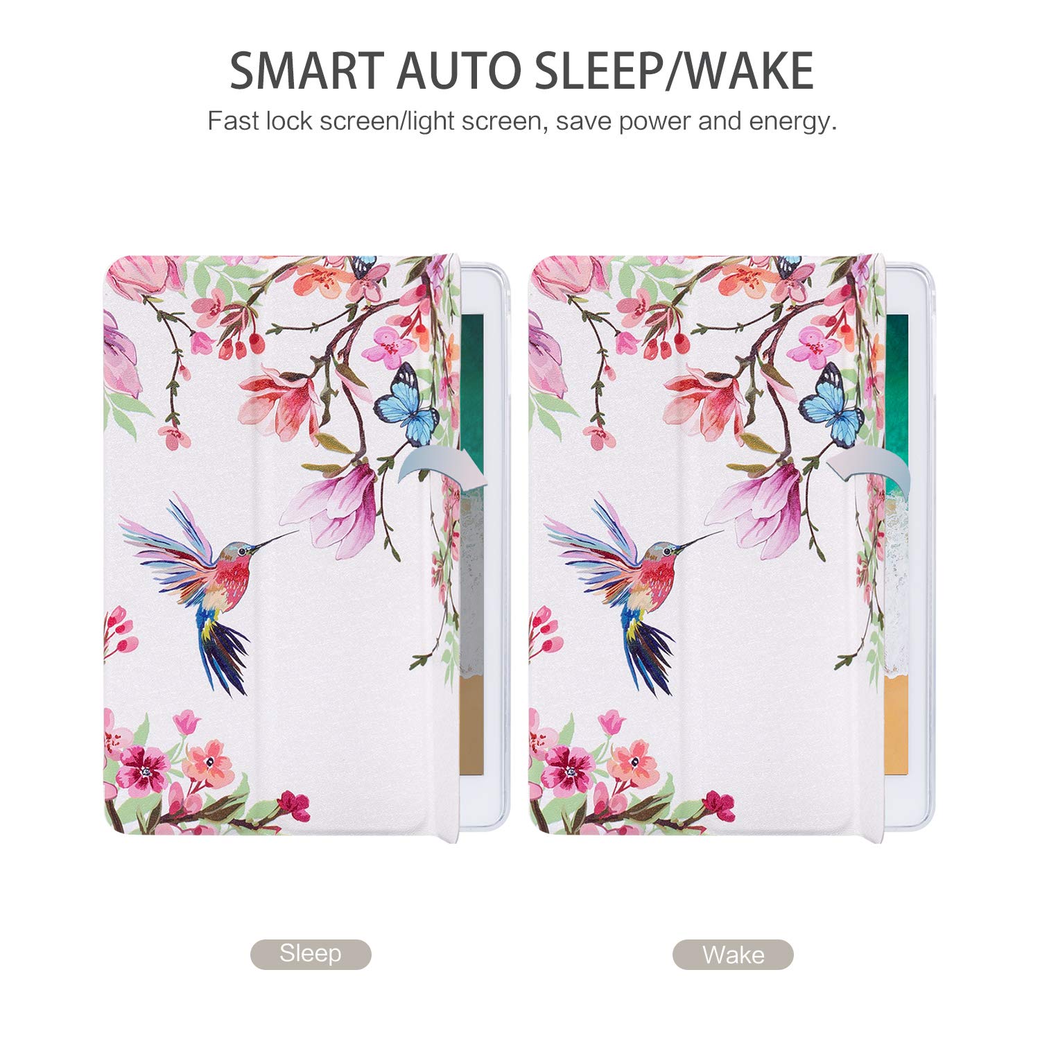 Hummingbird & Flower Tri-fold Protective Case for iPad 5th/6th Gen, iPad Air 2 & iPad Air - Auto Wake/Sleep, Multi-Angle Adjustable Stand - Perfect for Work, Study & Travel (Floral Bird Design)