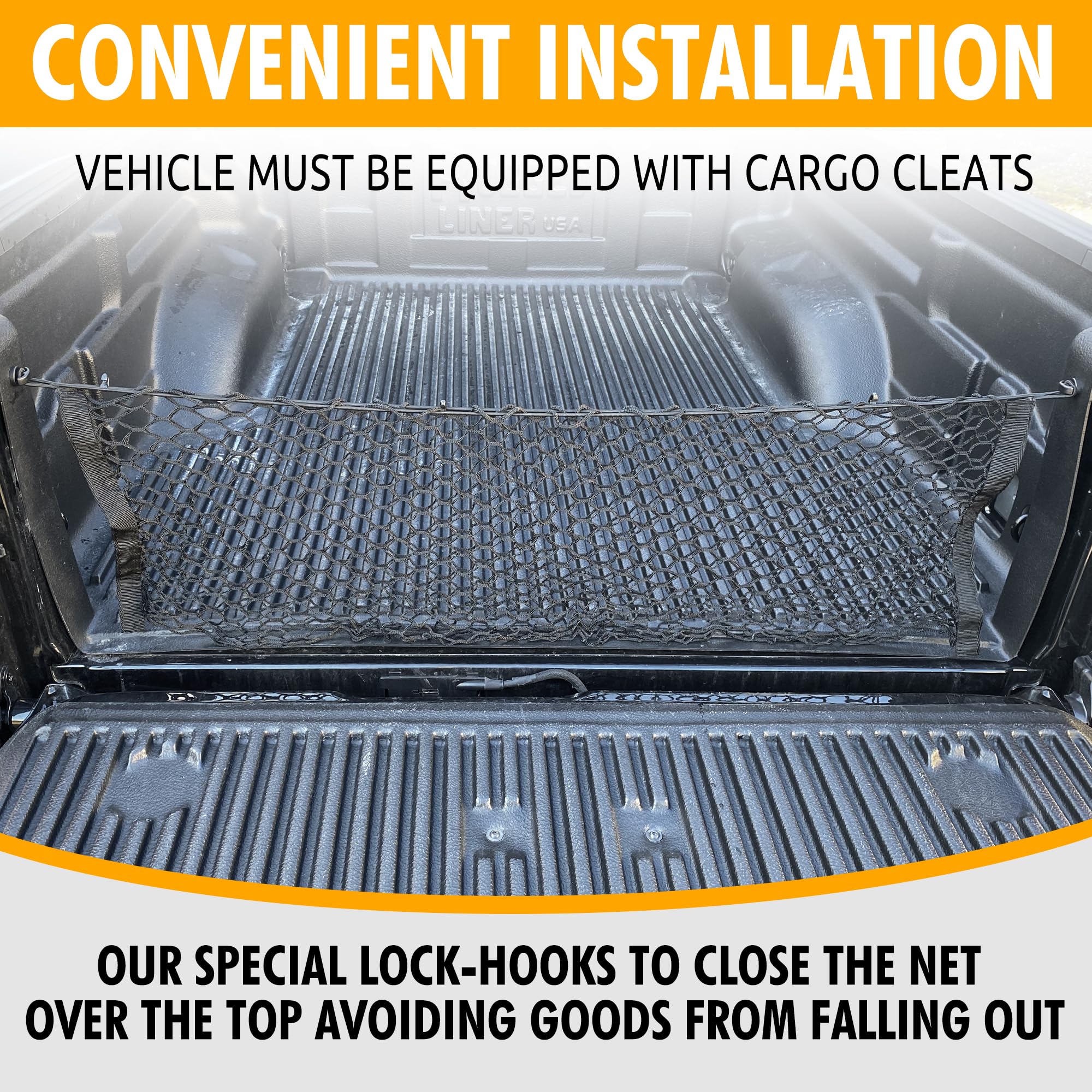 Premium Truck Bed Cargo Net for Jeep Gladiator Sport (2020-2025) - Envelope Style Trunk Organizer with Spray-On Bed Liner - Heavy Duty Vehicle Storage Solution for Camping, Road Trips & Outdoor Adventures
