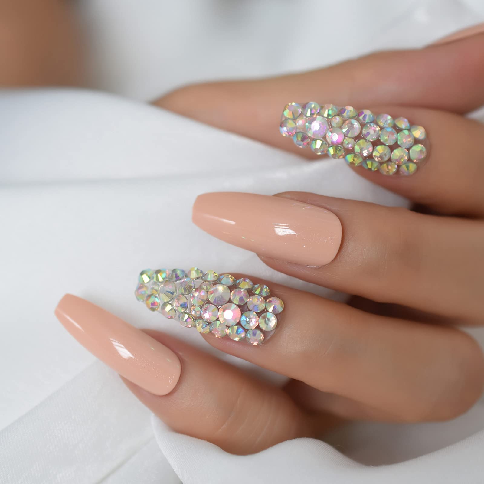 24Pcs Long Coffin Fake Nails - Peach Pink Press On Nails with Rhinestones & Colorful Stones, Full Cover Artificial Nails for Salon Manicure | Perfect for Parties, Weddings, and Special Occasions