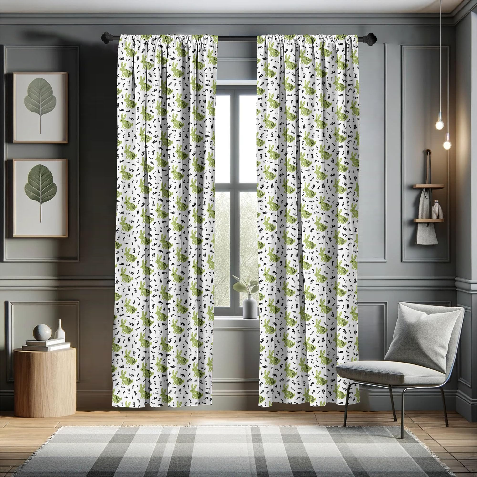 Ambesonne Rabbit Window Curtains - Scandinavian Floral Bunny Design with Leafy Stems, Lightweight Black & Pistachio Green 2-Panel Set (28