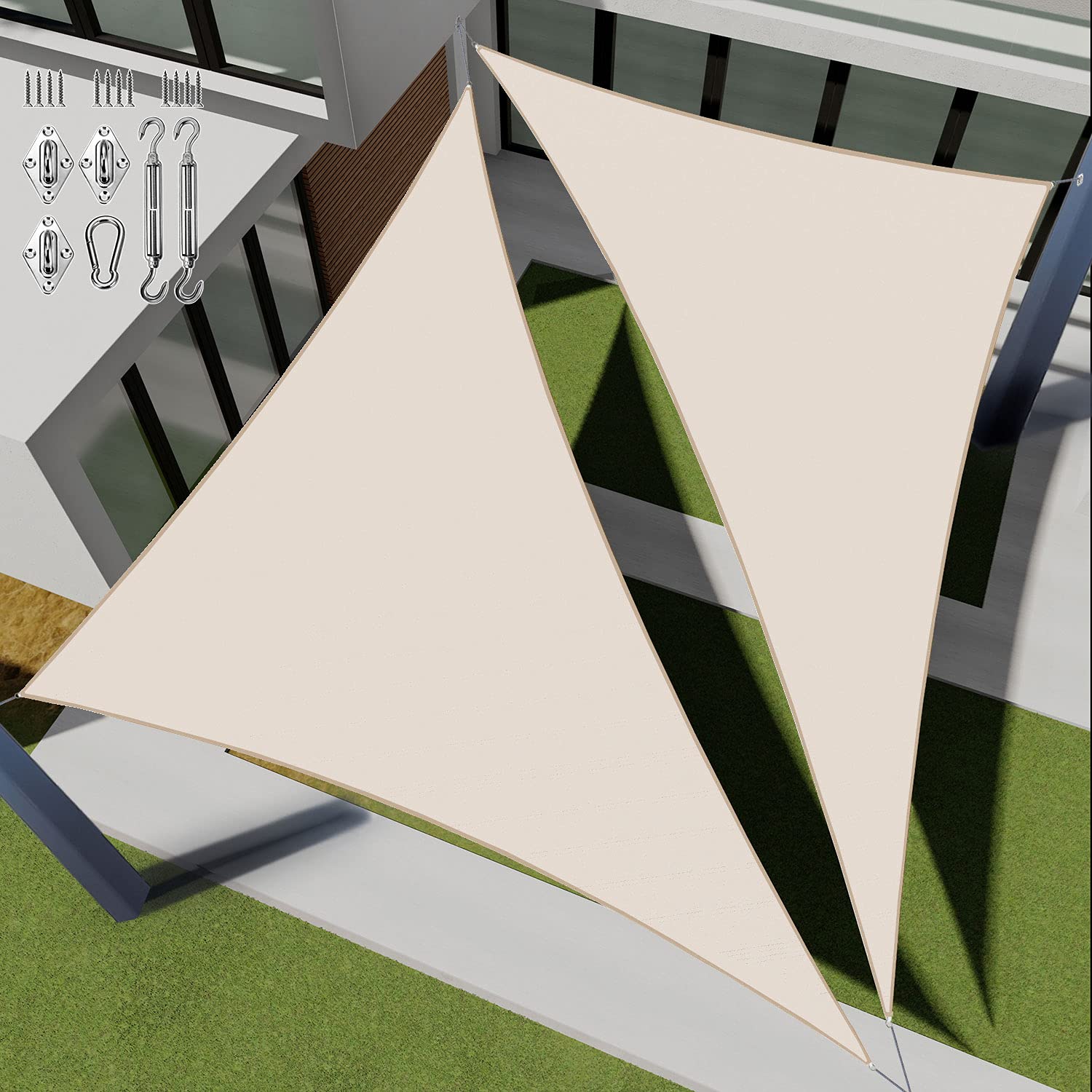 E&K Sunrise 14' x 14' x 14' Waterproof Triangle Sun Shade Sail with Stainless Steel Hardware Kit - UV Block Outdoor Canopy for Garden, Backyard, Patio - Beige Customized Sun Protection for Poolside, Deck & Outdoor Dining Areas