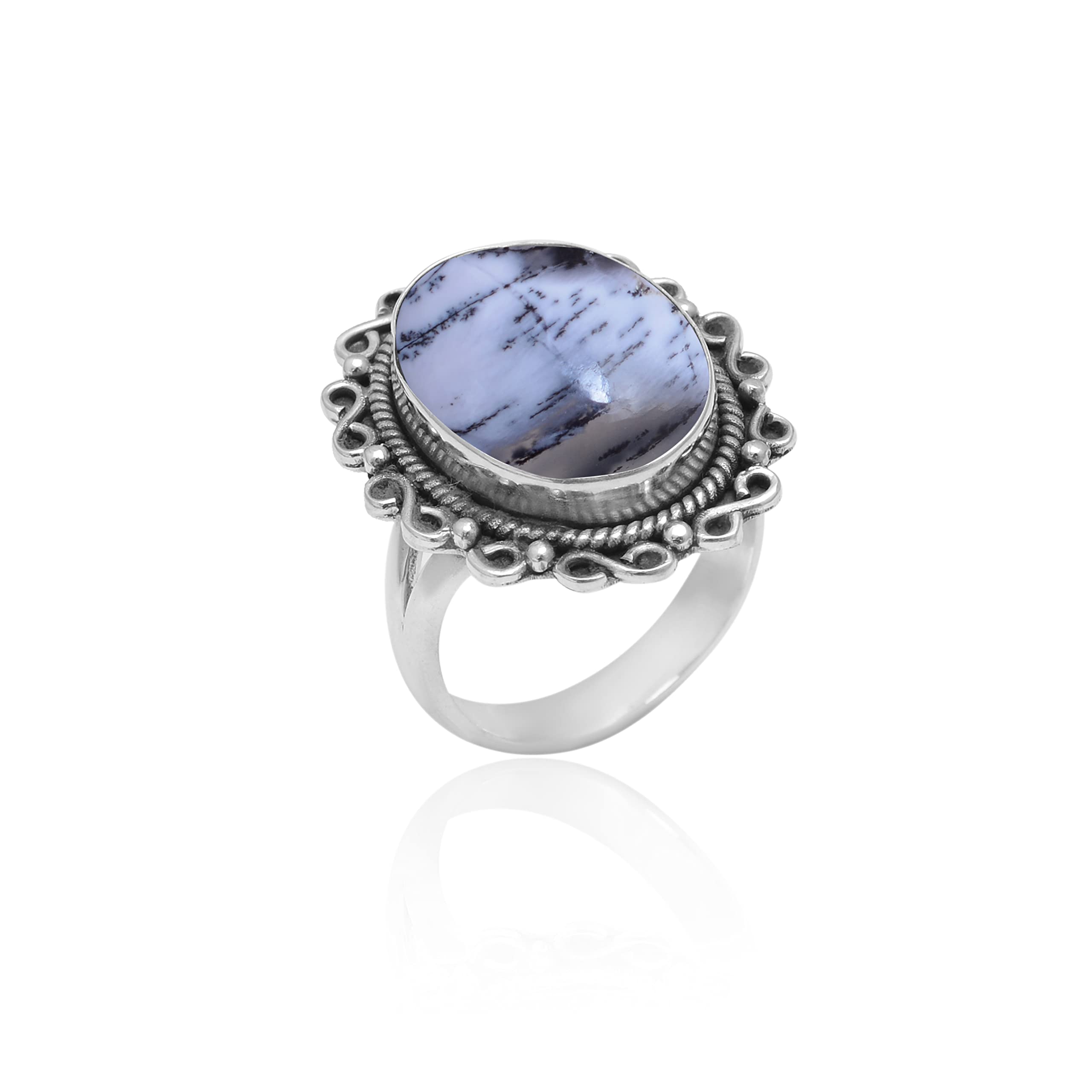 Veracity Jewelry Women's 925 Sterling Silver Dendrite Opal & Dendritic Agate Ring - Healing Meditation Gemstone Jewelry in Black & White - VSR-234 | Perfect for Spiritual Healing, Meditation & Everyday Elegance