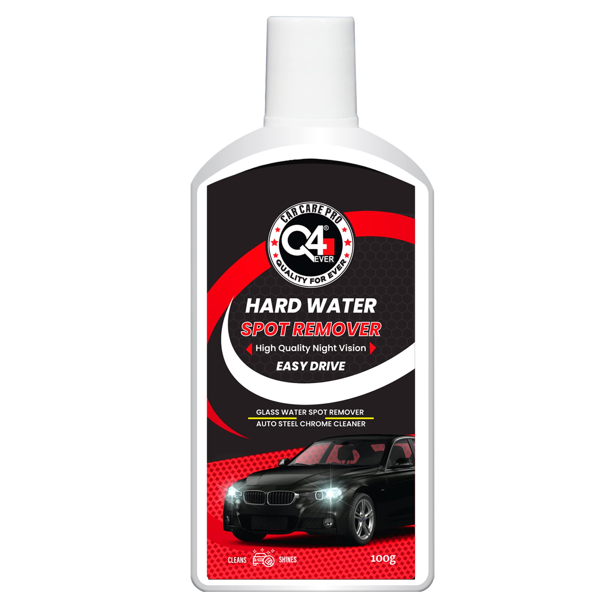 Q4 EVER Auto Care Glass Polish & Hard Water Spot Remover - 100g Cream for Car Windshield, Windows & Mirrors - Restores Clarity, Removes Stains & Mineral Deposits - Perfect for Auto Detailing & Home Glass Cleaning