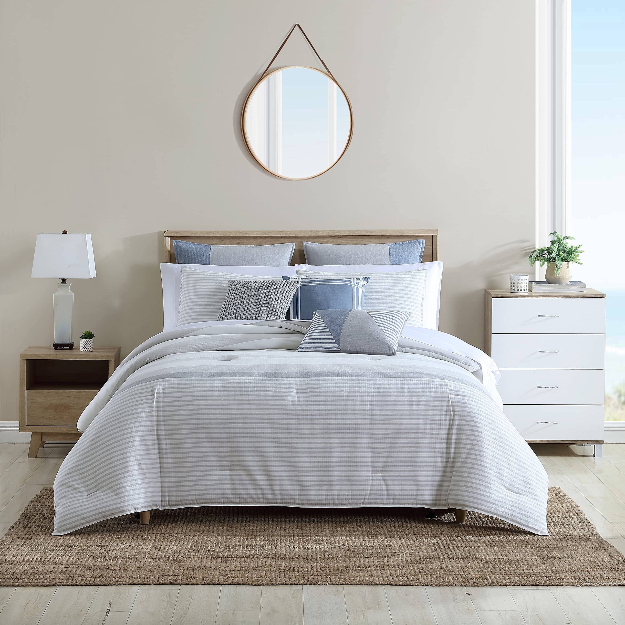 Nautica Queen Comforter Set - 100% Cotton Reversible Bedding with Matching Shams | Mediterranean Inspired All-Season Luxury Bedding | Perfect for Master Bedrooms, Guest Rooms & Coastal Home Decor (Fairwater Grey, Queen Size)