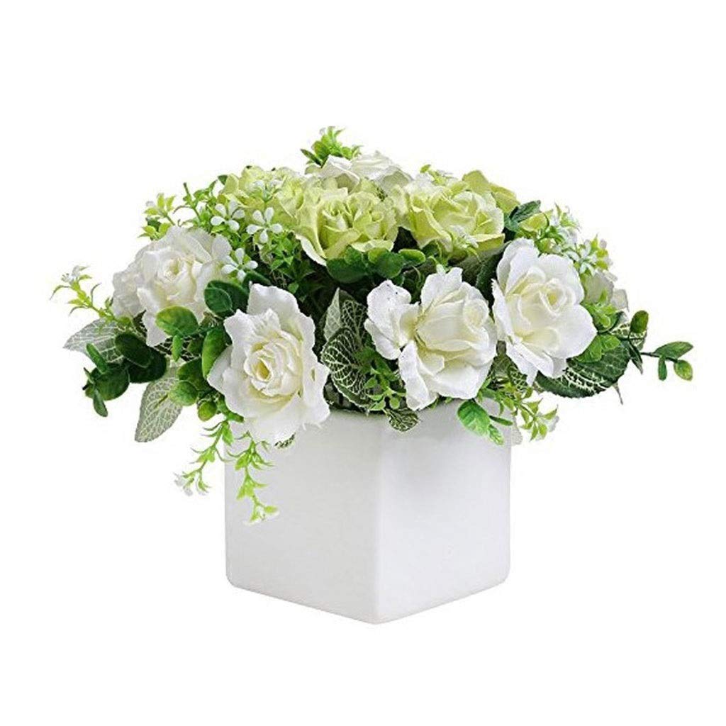 Artificial Ivory Rose Flowers in White Ceramic Square Vase - Fake Floral Arrangement for Home Decor, Bedroom & Living Room - Perfect for Wedding Centerpieces, Table Decorations and Housewarming Gifts
