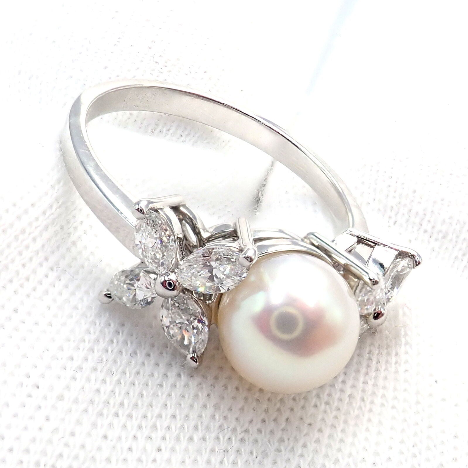 Authentic Tiffany & Co Victoria Platinum Diamond 7.5mm Pearl Band Ring for Women - Elegant Wedding, Engagement & Anniversary Jewelry Gift