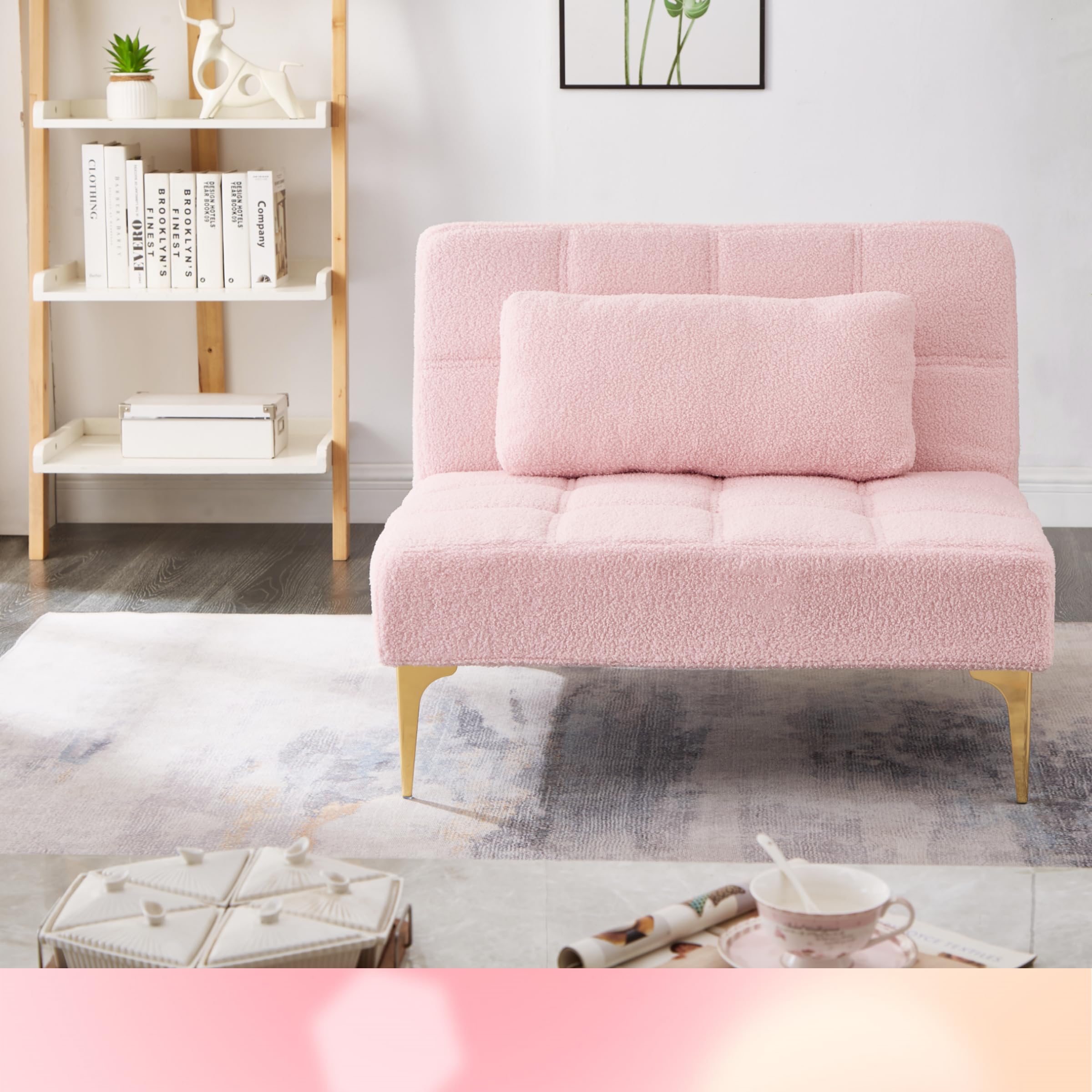Polibi Modern Convertible Folding Sofa Bed with Adjustable Backrest - Pink Teddy Fabric Sofa Chair with Golden Legs & Toss Pillow - Perfect for Small Spaces, Guest Rooms, and Studio Apartments