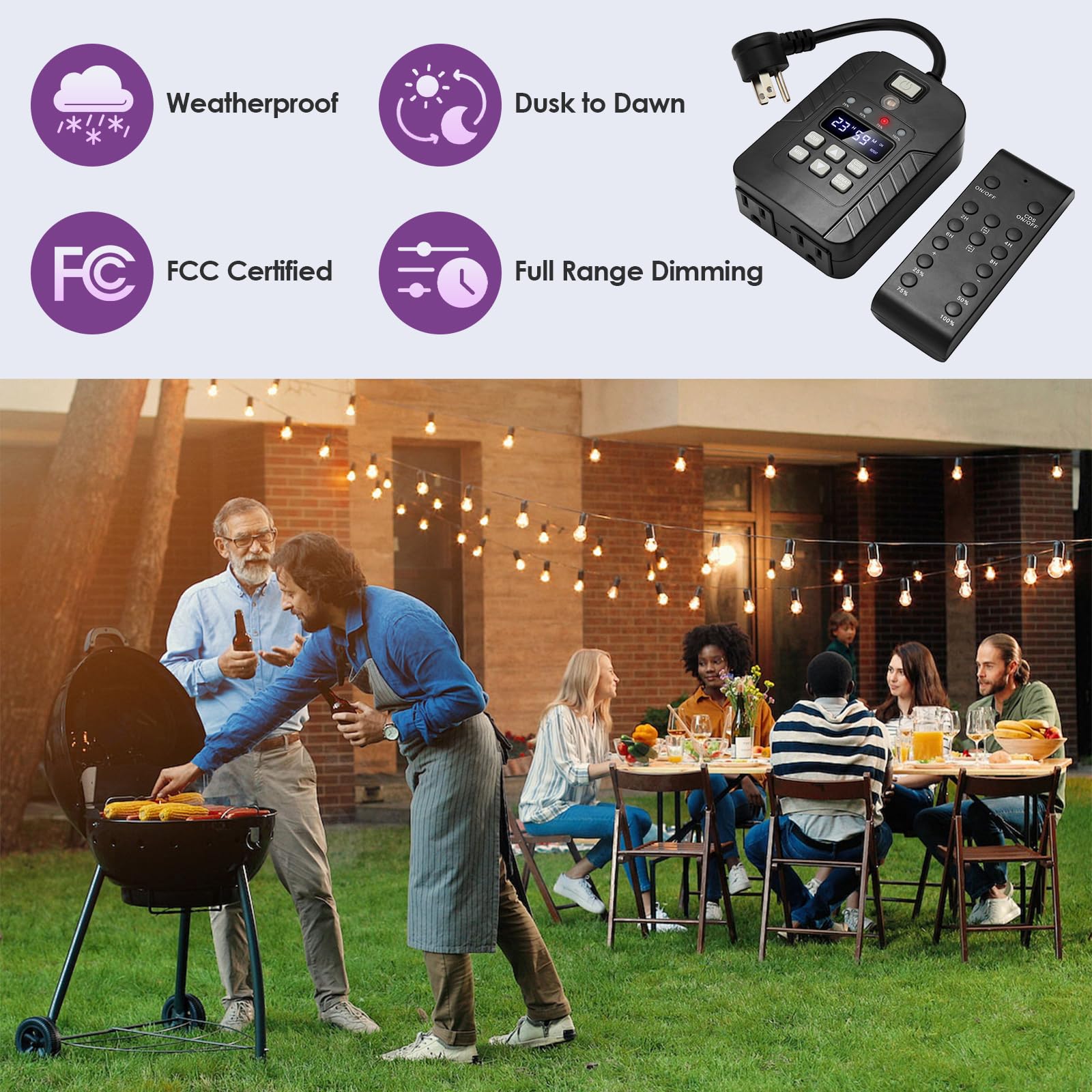 2 in 1 Outdoor Timer Outlet - Waterproof & Dimmable for String Lights, 100FT Remote Control, Dusk to Dawn Light Timer (TE-HT02) - Perfect for Patio, Garden, and Holiday Decorations