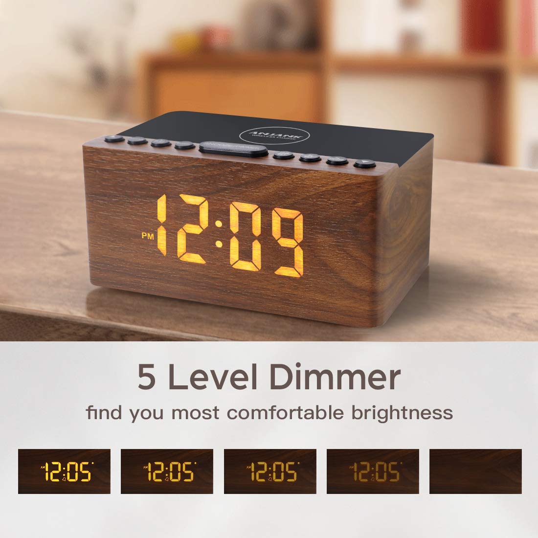 ANJANK Digital LED Alarm Clock with FM Radio & Wireless Charger - 5-Level Dimmer, USB Port, Dual Alarm Sounds, Sleep Timer - Compatible with iPhone & Samsung Galaxy - Perfect for Bedroom, Bedside, Desk (Wood Finish)