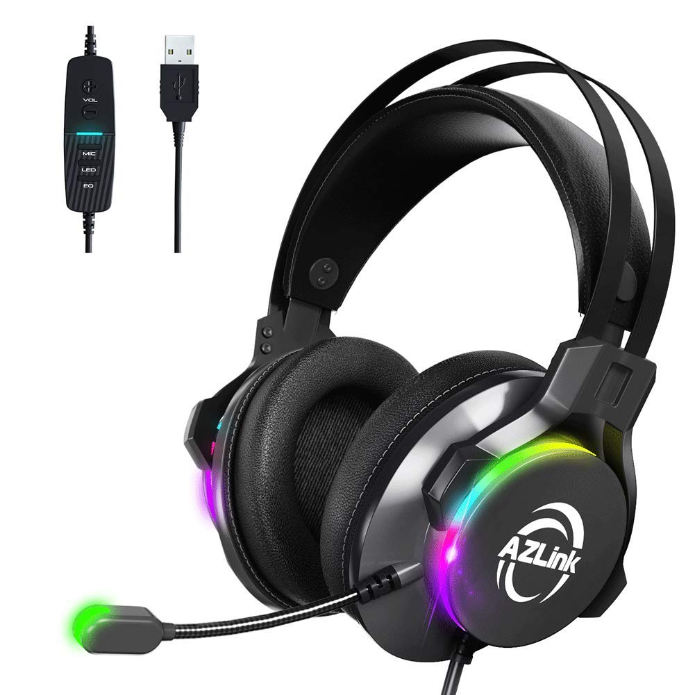AZLink USB Gaming Headset with Microphone - 7.1 Surround Sound, Super Bass, Noise Cancelling Over-Ear Headphones for PC, PS4, Xbox One - AL-ZH23 (Black) - Perfect for FPS Games, Streaming & Online Chat