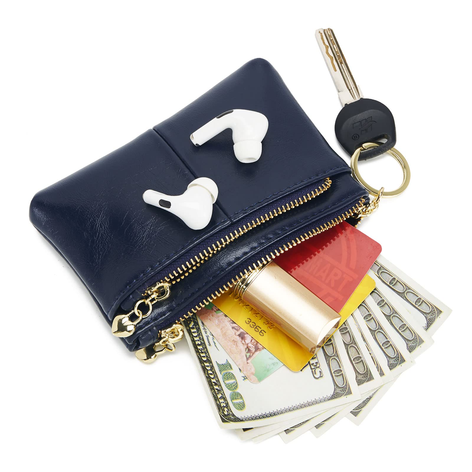ZOOEASS Women's PU Leather Mini Wallet with Triple Zipper, Key Ring & Card Holder - Navy Blue | Compact Coin Purse for Everyday Use, Travel & Gift Giving