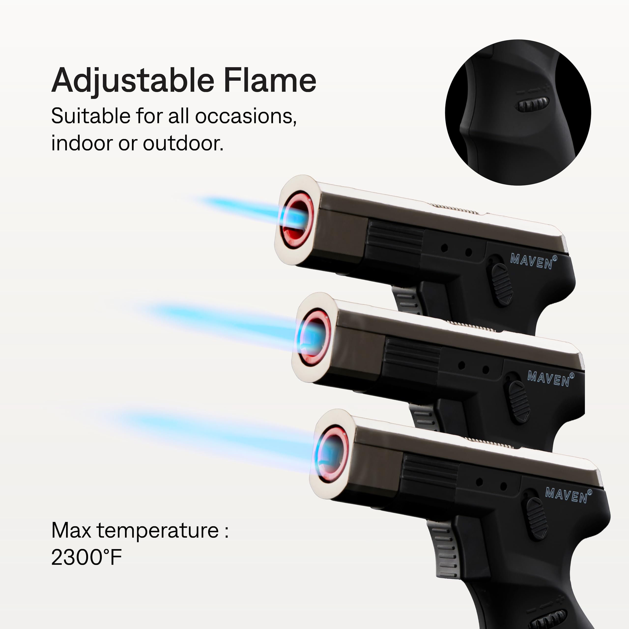 Maven Model K Refillable Butane Torch Lighter - Single Jet Windproof Adjustable Flame with Safety Lock for Cigars, Cooking, Soldering & Outdoor Use (Gunmetal, Butane Not Included)