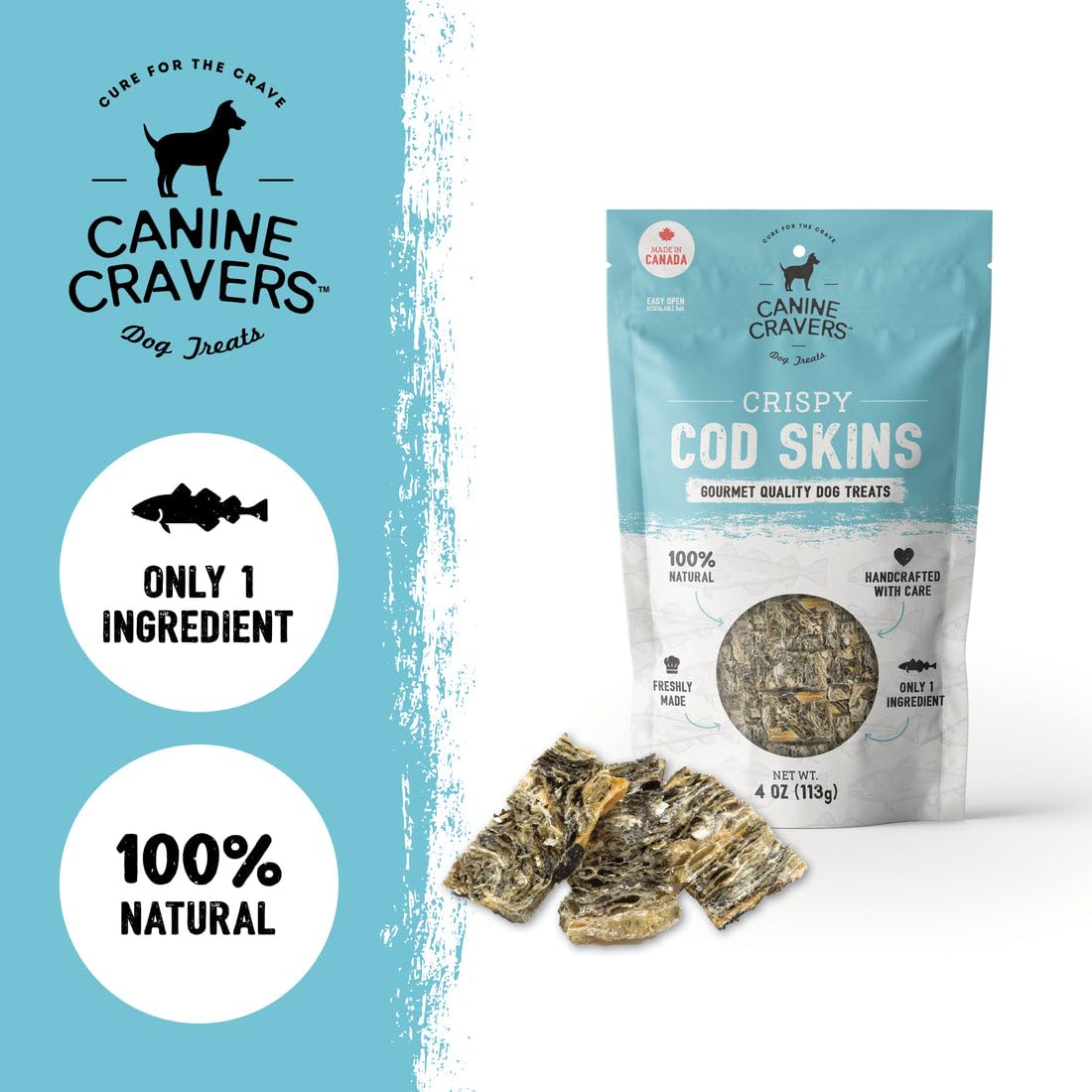 Premium Air-Dried Cod Skin Dog Treats - Single Ingredient, Grain-Free & Hypoallergenic - 100% Natural Human-Grade Protein Snacks for Dogs - Perfect for Training, Rewards & Dental Health (4oz/113g)
