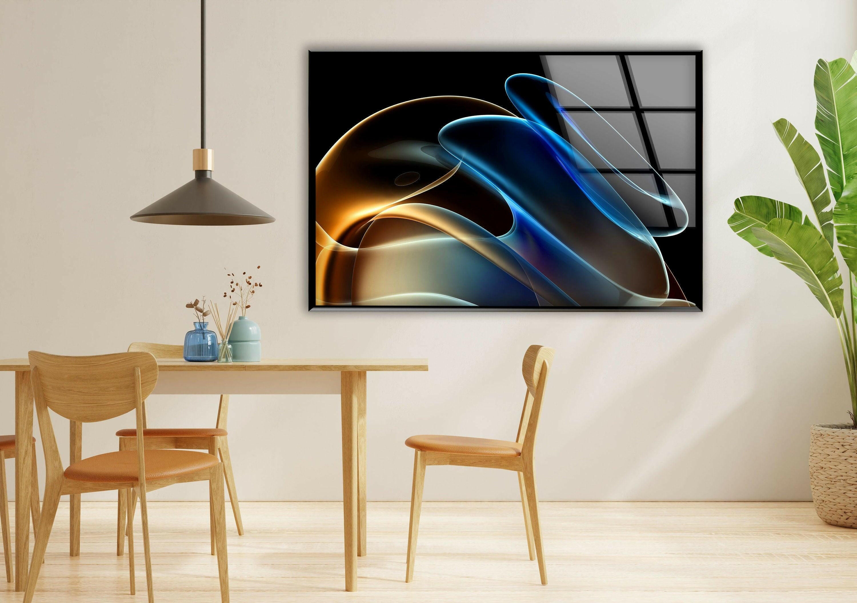 Blue Neon Wave Abstract Glass Wall Art - Modern Home Decor for Living Room, Bedroom & Office - Unique Handmade Glass Painting for Stylish Interior Design