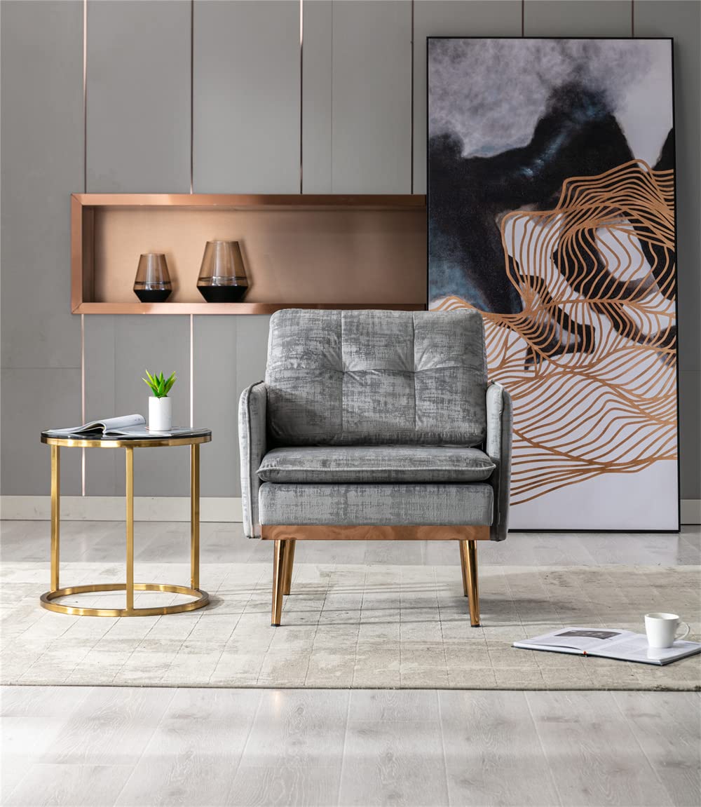 Velvet Single Sofa Chair - Modern Tufted Chaise Lounge with Golden Metal Legs & Plush Cushion | Mid-Century Upholstered Accent Chair for Living Room | Comfortable Armchair for Reading, Lounging or Home Office | Gray Velvet Fabric | Perfect for Small Spaces, Apartments and Cozy Corners