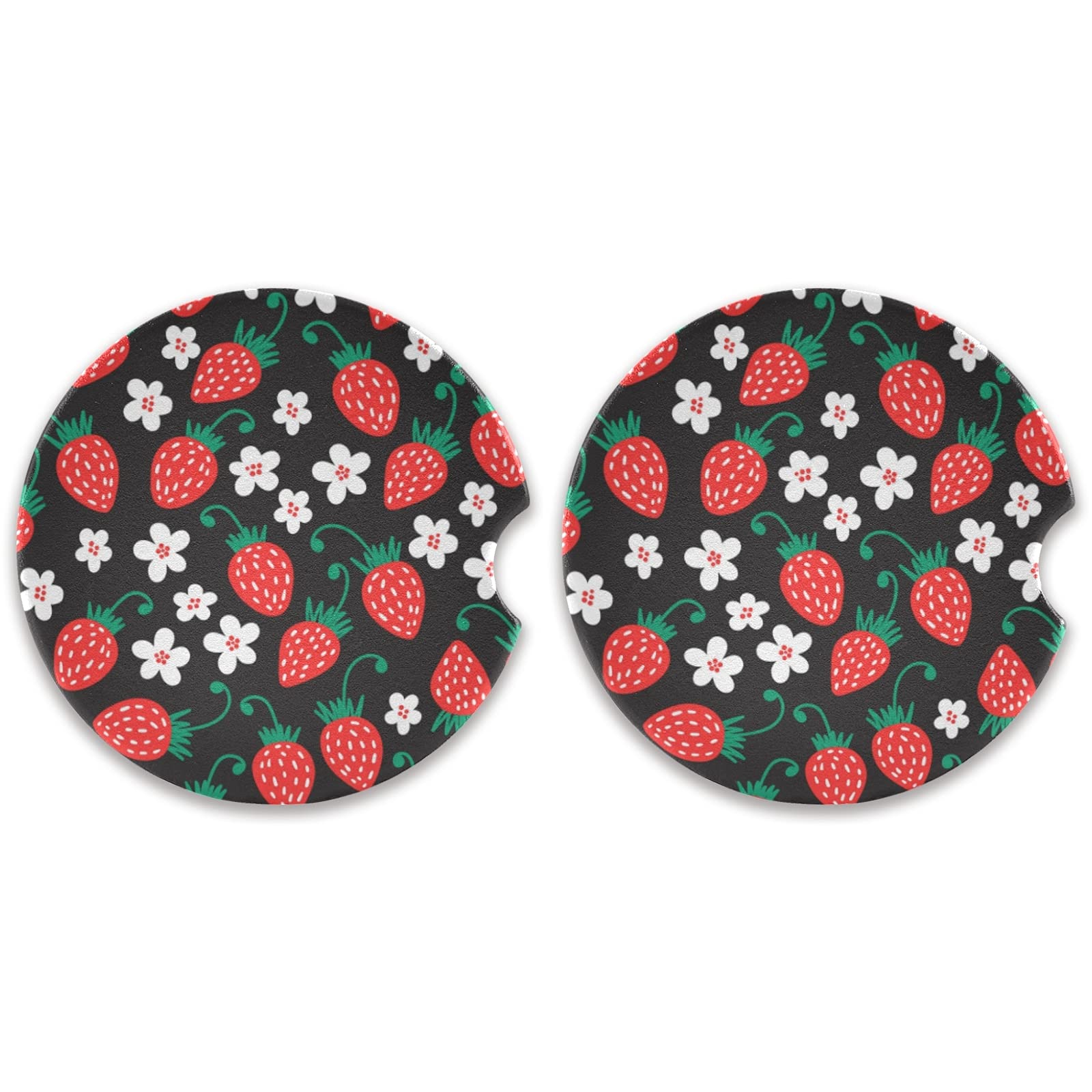 2-Pack Absorbent Ceramic Stone Car Coasters with Fingertip Grip - Strawberry & Daisy Design for Car Cup Holders | Perfect for Drinks, Spill Protection & Vehicle Decor