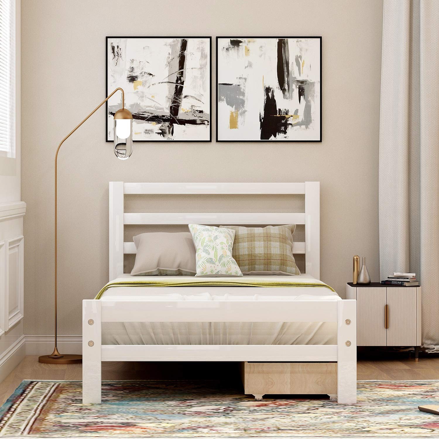 Danxee Solid Wood Twin Bed Frame with 2 Storage Drawers & Headboard - No Box Spring Needed, Easy Assembly Platform Bed with Slat Support (White) - Perfect for Small Bedrooms, Guest Rooms & Kids' Rooms with Storage Solutions