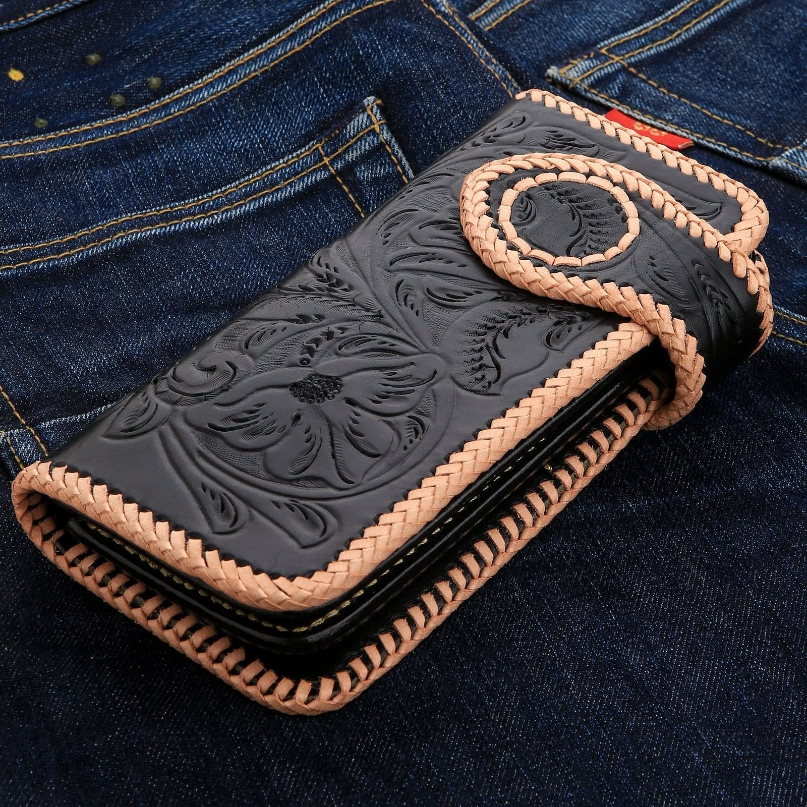 Genuine Leather Biker Wallet - Black & White Indian Snap Design for Men & Women | Perfect for Motorcycle Riders, Travel & Everyday Use