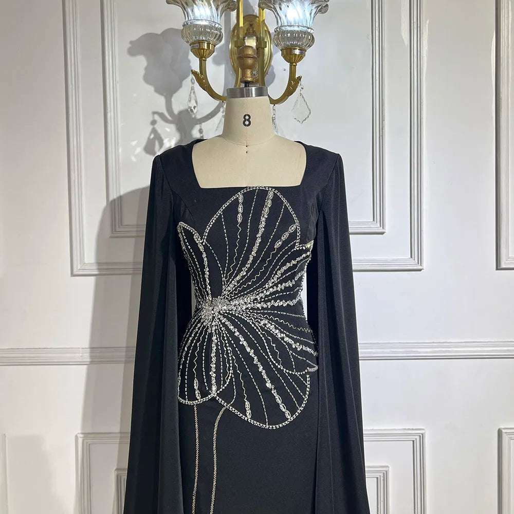 Elegant Black Luxury Beaded Arabic Evening Dress with Cape Sleeves LA72461 - Perfect for Weddings, Galas & Special Occasions