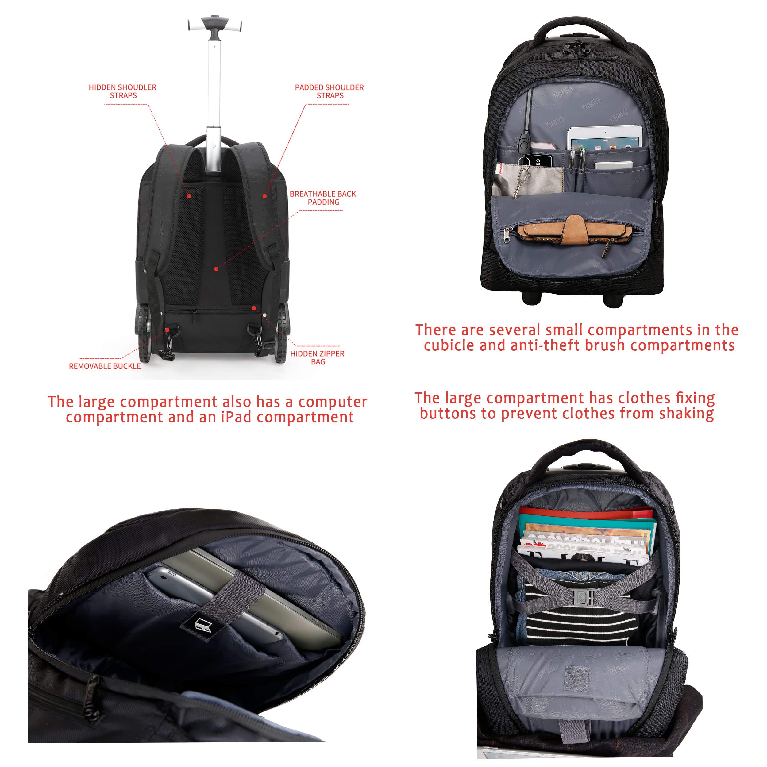 Waterproof Rolling Backpack with Wheels for Business, College & Travel - 17 Inch Laptop Compartment Wheeled Carry On Backpack for Adults - Perfect for Commuting, Air Travel & Campus Life