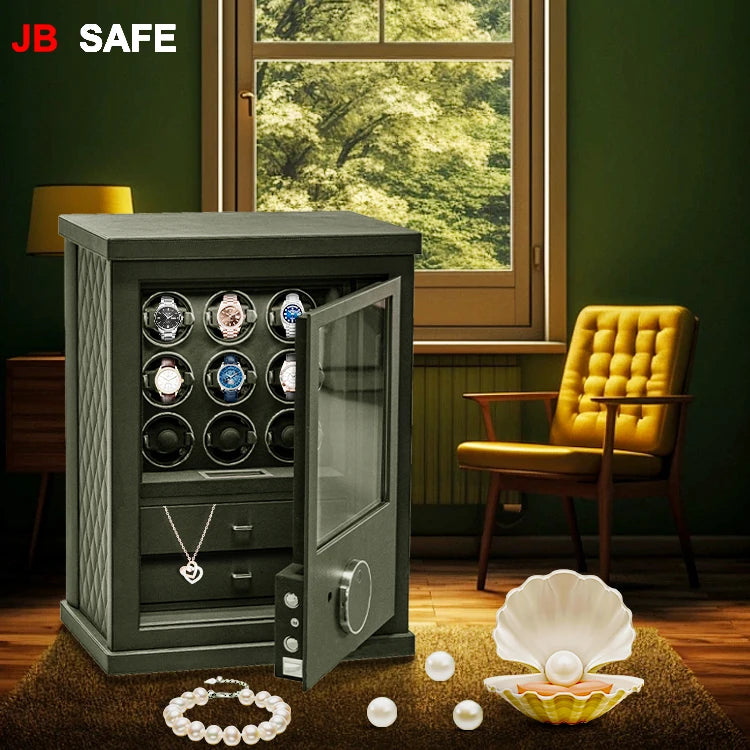 Premium JB Watch Winder & Jewelry Safe with 2 Jewelry Drawers & 9 Watch Winders - Perfect for Luxury Watch Storage & Jewelry Organization at Home or Office