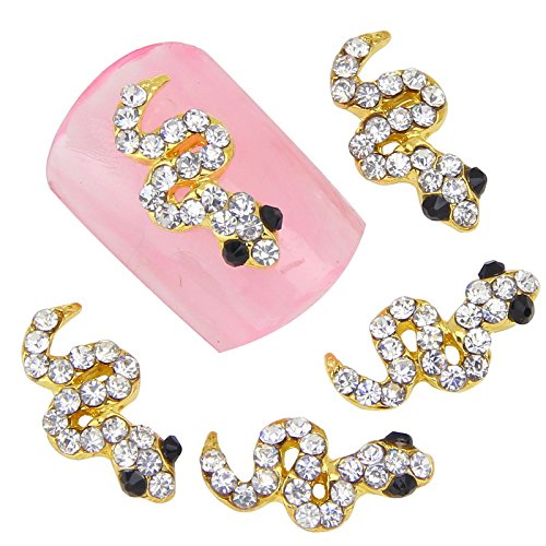 10Pcs Gold Plated Snake Shape 3D Nail Charms - Glitter Rhinestones Nail Jewelry for Manicure & Nail Art - Perfect for Nail Salon, DIY Nail Decoration, Party & Special Occasions