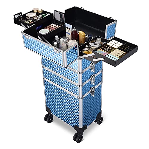 BYOOTIQUE Sky Blue 4-in-1 Rolling Makeup Case with Lockable Trolley & 4 Removable Wheels - Professional Cosmetic Organizer for Nail Artists, Travel Train Cases - Perfect for Salon Professionals, Mobile Makeup Artists & Beauty On-The-Go
