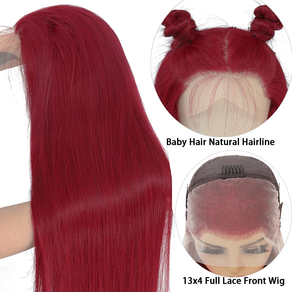 28 Inch Burgundy Lace Front Wig - 100% Human Hair with Baby Hair & Pre-Plucked Natural Hairline | 13x4 HD Frontal | 180 Density Virgin Hair | Perfect for Cosplay, Daily Wear & Special Occasions