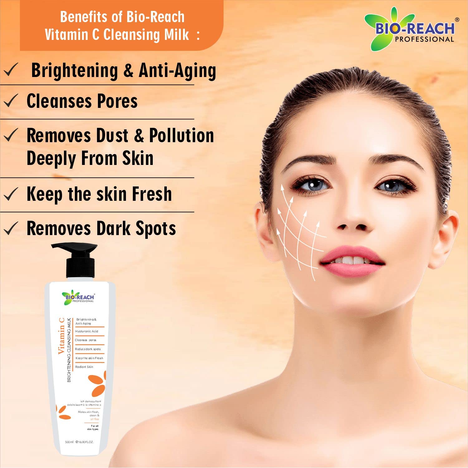 BIO-REACH Vitamin C Brightening Facial Cleanser for Women & Men - 500ml Gentle Foaming Face Wash to Remove Dirt, Oil & Pollution - Daily Skincare for Brighter, Healthier Skin - Pack of 1