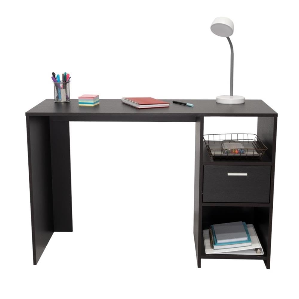 Arlington Black Computer Desk with Drawer & 2 Open Shelves - Home Office Desk with Sturdy Legs for Study, Work & Gaming | Compact Workstation for Small Spaces