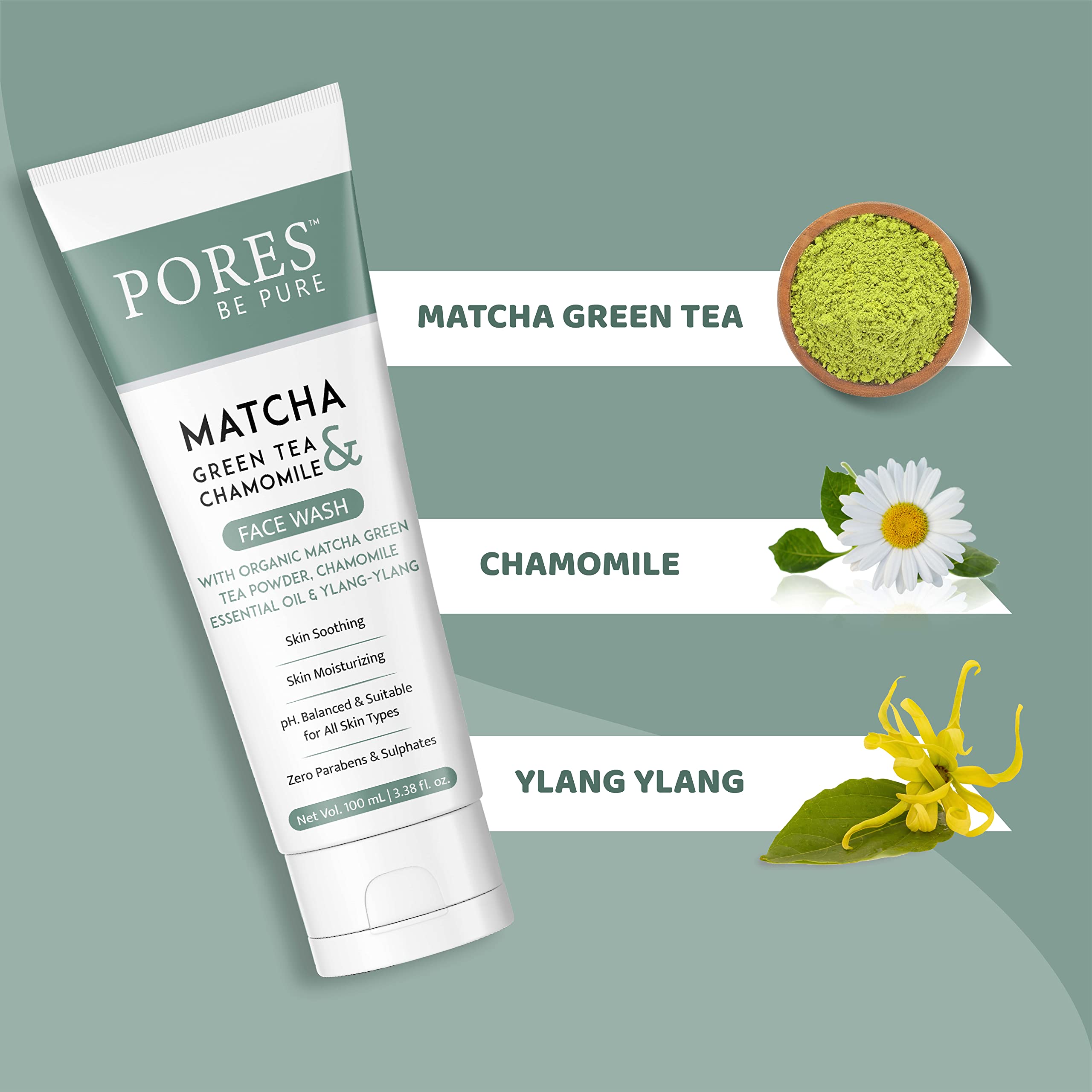 PORES Be Pure Green Tea Pore Cleansing Face Wash for Oily Skin with Vitamin C - Oil Control & Exfoliating Formula | Gentle Non-Drying Vegan Cleanser for Women & Men | 100ml | Perfect for Daily Skincare Routine & Acne-Prone Skin
