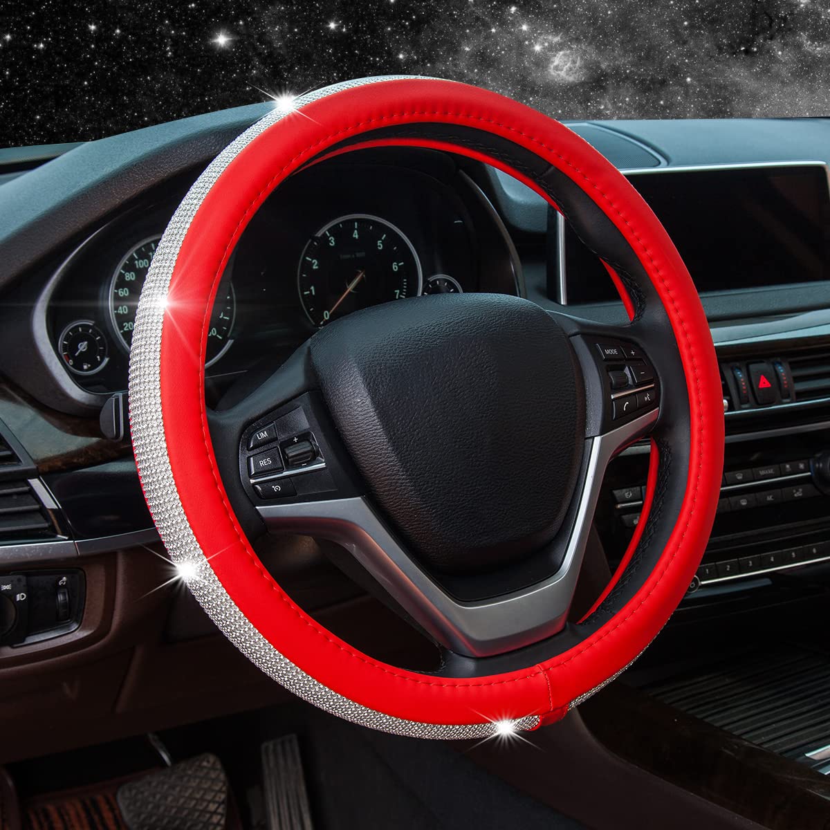 Diamond Leather Steering Wheel Cover with Crystal Rhinestones - Universal 15 Inch Fit for Cars, SUVs & Trucks | Luxury Car Accessory for Women & Girls (Red) - Perfect for Daily Commute & Road Trips