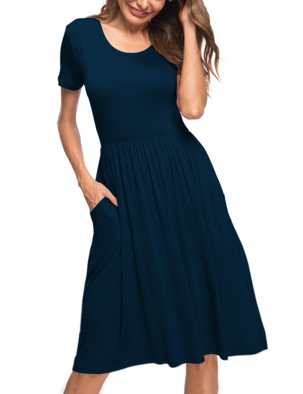 AUSELILY Women's Summer Short Sleeve Empire Waist Dress - Pleated Loose Swing Knee Length Casual Dress with Pockets | Flowy Midi Dress for Beach, Vacation, Office & Daily Wear | 2025 New Collection