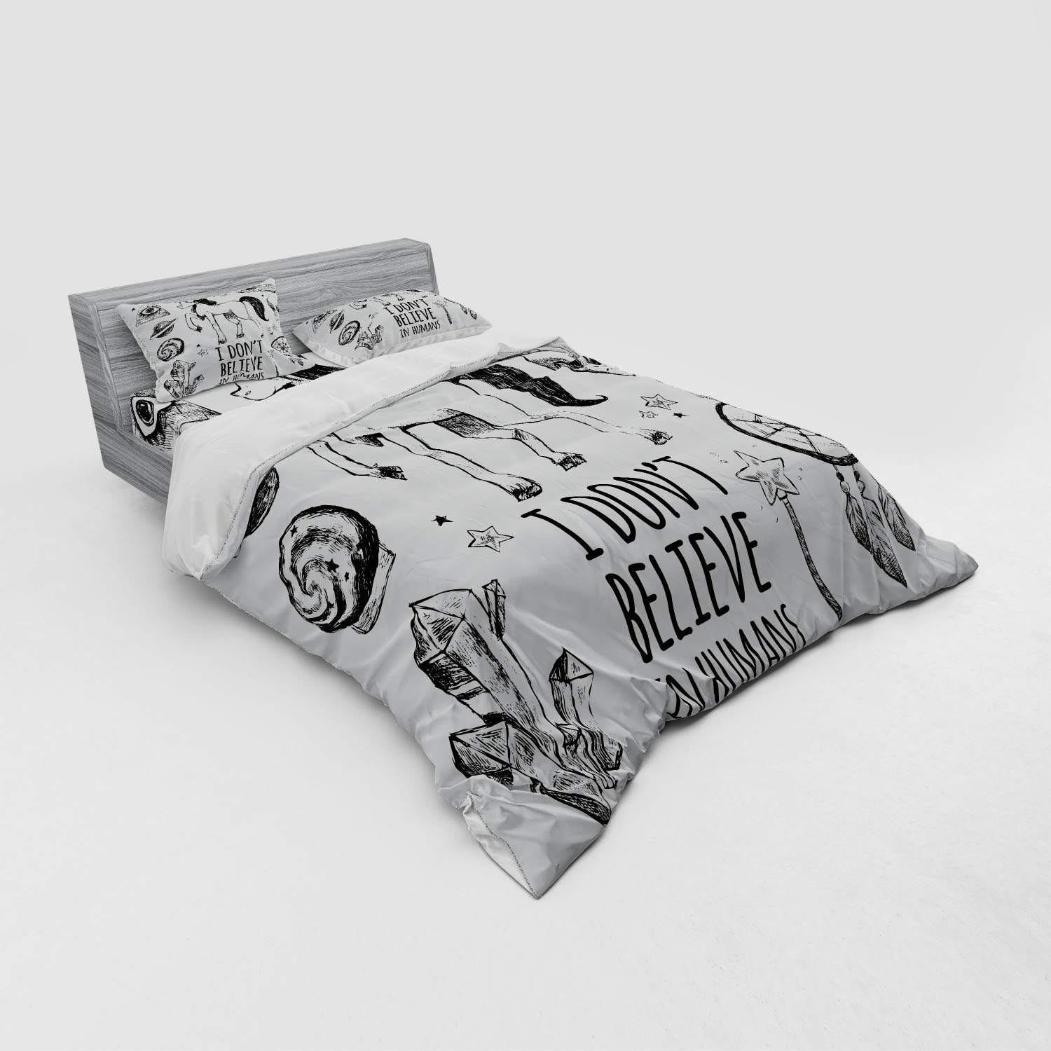 Ambesonne Unicorn Bedding Set - 3 Piece Duvet Cover Set with Sham & Fitted Sheet, Queen Size, Black - Unique I Don't Believe in Humans Art with Pyramids, Aliens, Dreamcatcher & Planets Grunge Print - Perfect for Fantasy Themed Bedrooms, Teen Rooms & Gift Ideas