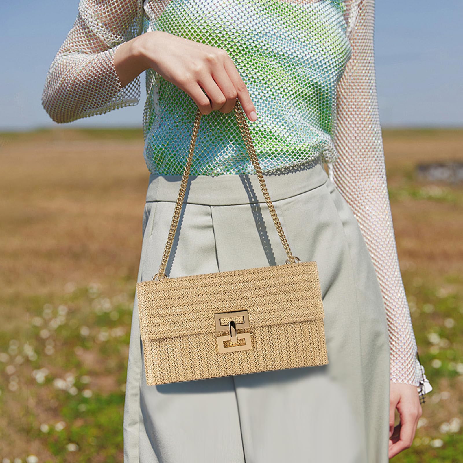 Women's Straw Chain Clutch Purse - Woven Envelope Handbag with Shoulder Strap & Crossbody Strap - Perfect for Beach, Summer Outings & Casual Events