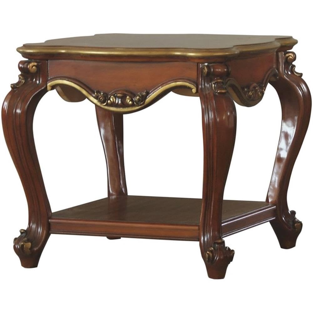 Vintage Cherry Oak Acme Picardy Square Wooden End Table with Bottom Shelf - Perfect for Living Room, Bedroom, or Office Decor