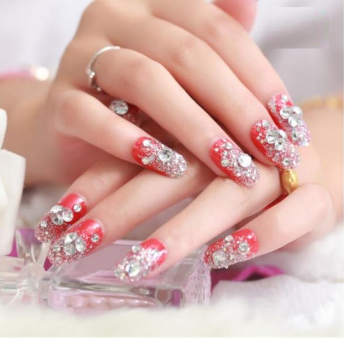 VIKSON INTERNATIONAL 24 Pcs Press On Nails - Red Silver Glitter Fake Nails with Rhinestones, Glossy Round Tip Artificial Nail Extensions Set with Pre-Glued Adhesive & Nail Application Kit | Perfect for Women & Girls | Great for Parties, Weddings & Special Occasions