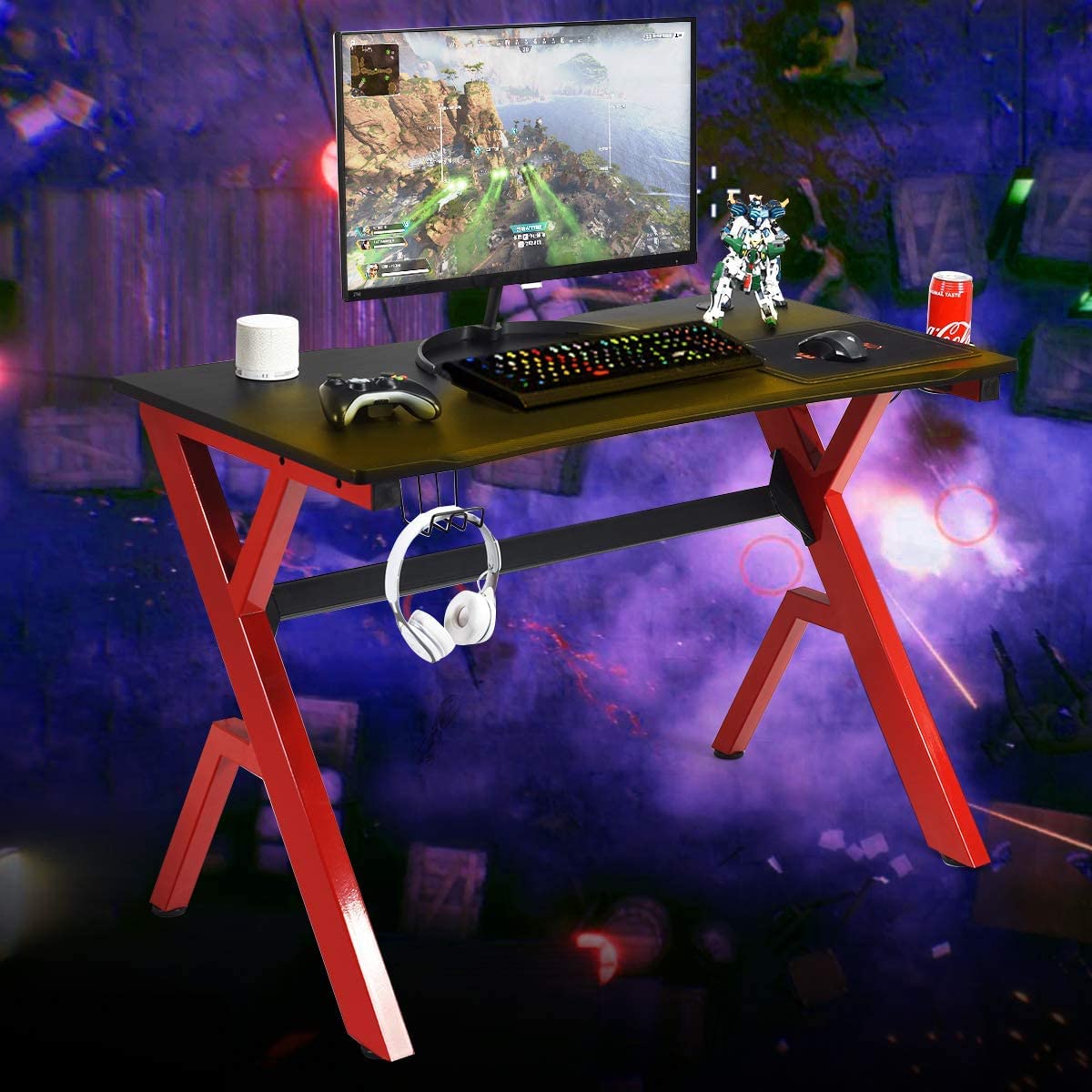 BUSHLY R-Shaped Gaming Desk - Ergonomic Racing Style Computer Table with Mouse Pad, Headphone Hook, Cup Holder & 2 Controller Stands | Perfect for Home Office, Gaming Setup & Workstation (Black)