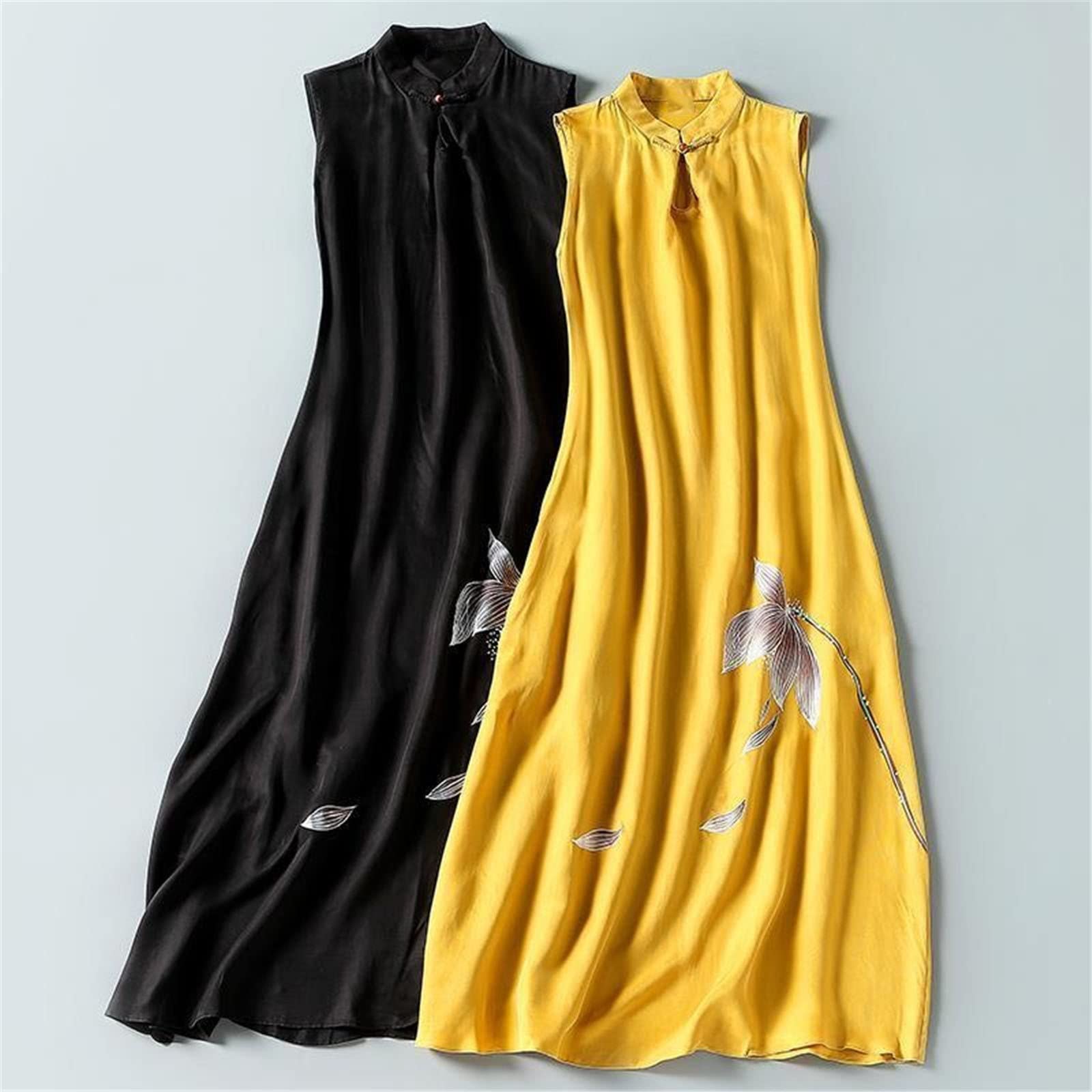 Women's Summer Sleeveless Long Yellow Printed Qipao Vest Dress - Elegant Floral Chinese Style for Casual Wear, Beach Vacation & Special Occasions